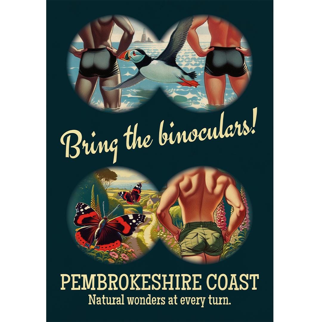 Gay retro travel poster print: Bring the binoculars