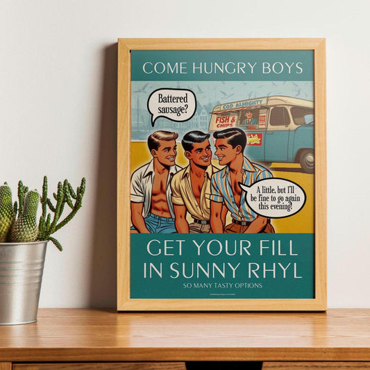 Gay retro travel poster print: Battered Sausage
