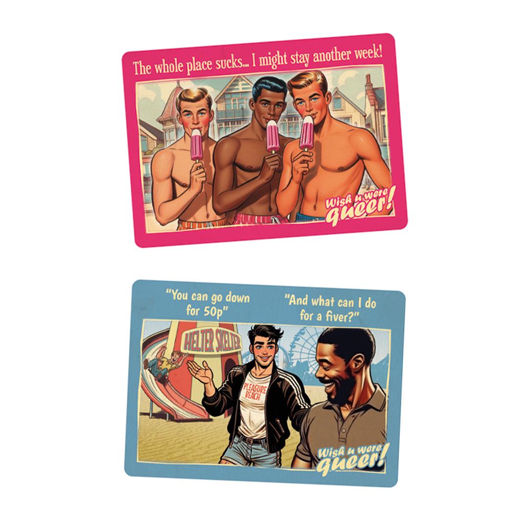 Sticker sheet: 6 gay retro saucy seaside postcards - Set A