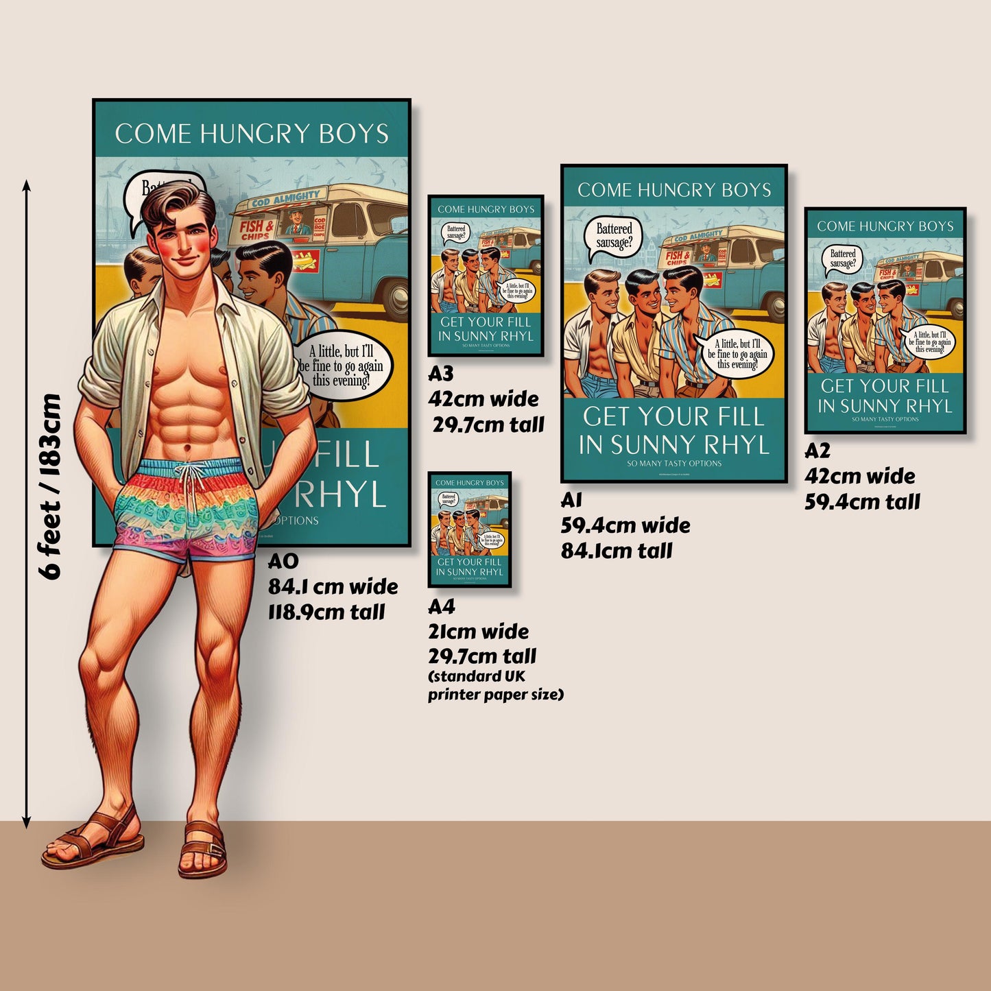 Gay retro travel poster print: Battered Sausage