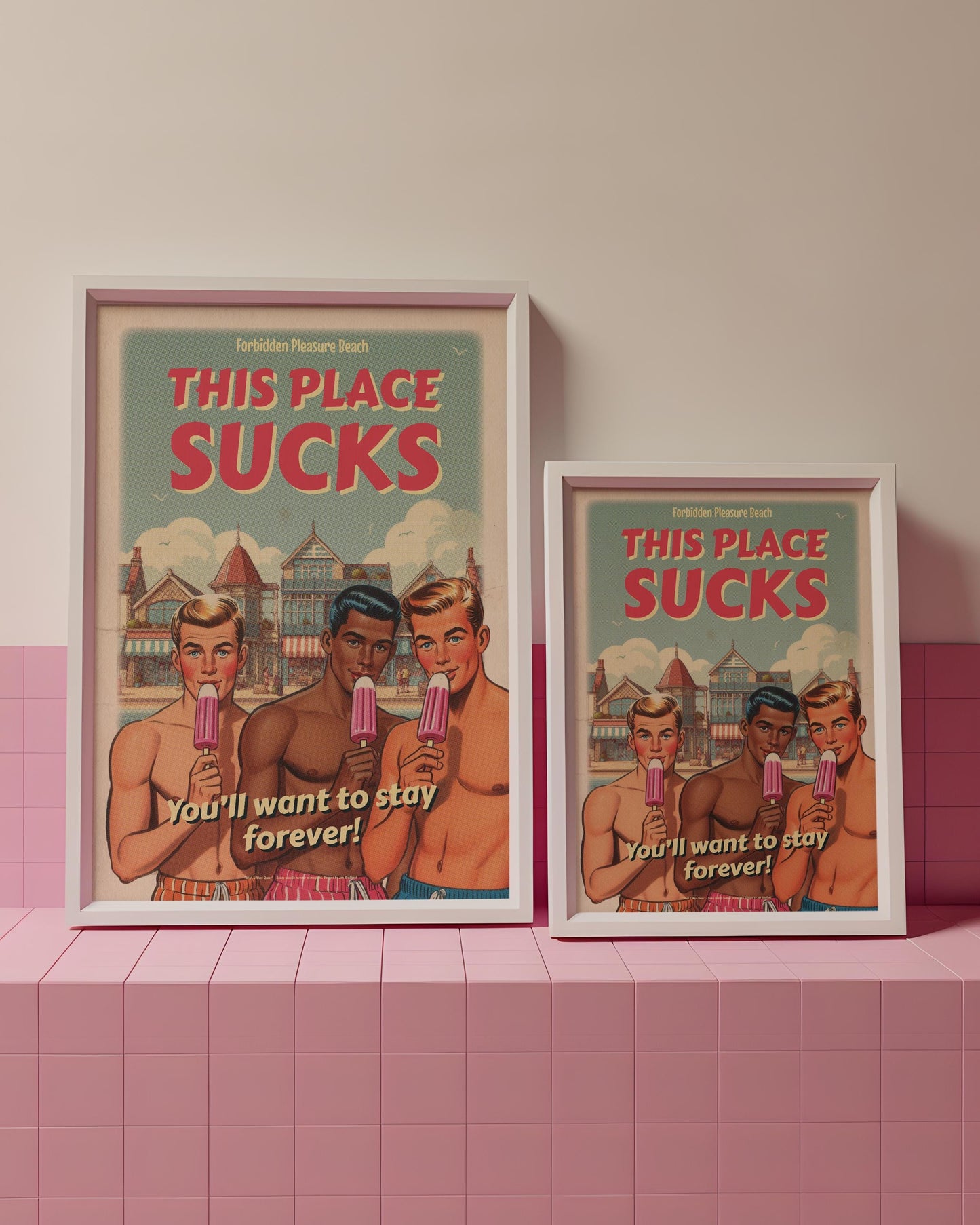 Gay vintage-style art poster print: This Place Sucks