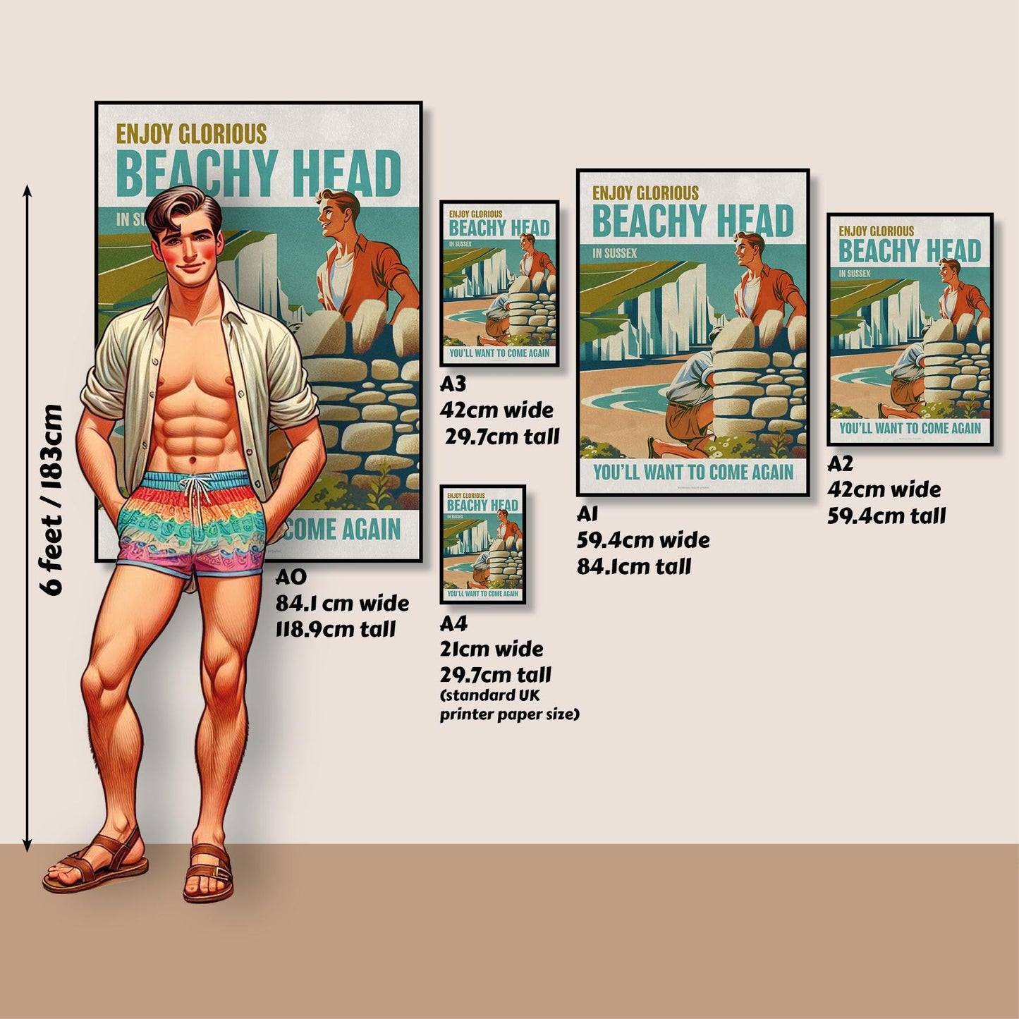 Gay retro travel poster print: Beachy Head