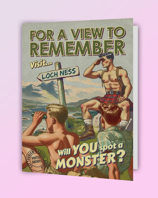 Funny vintage-style gay greeting card: travel poster - Loch Ness Monster
