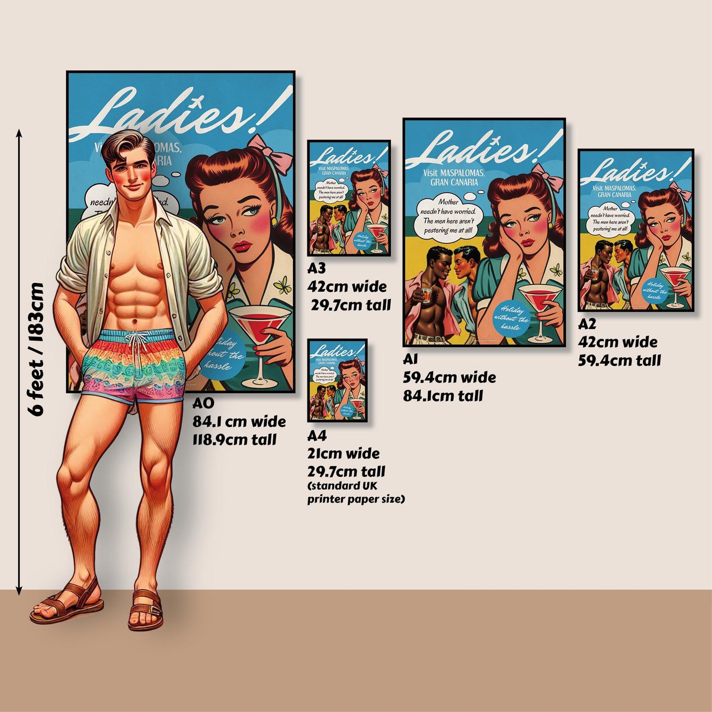 Gay retro travel poster print: Gran Canaria - Ladies (A4, A3, A2, A1, A0)