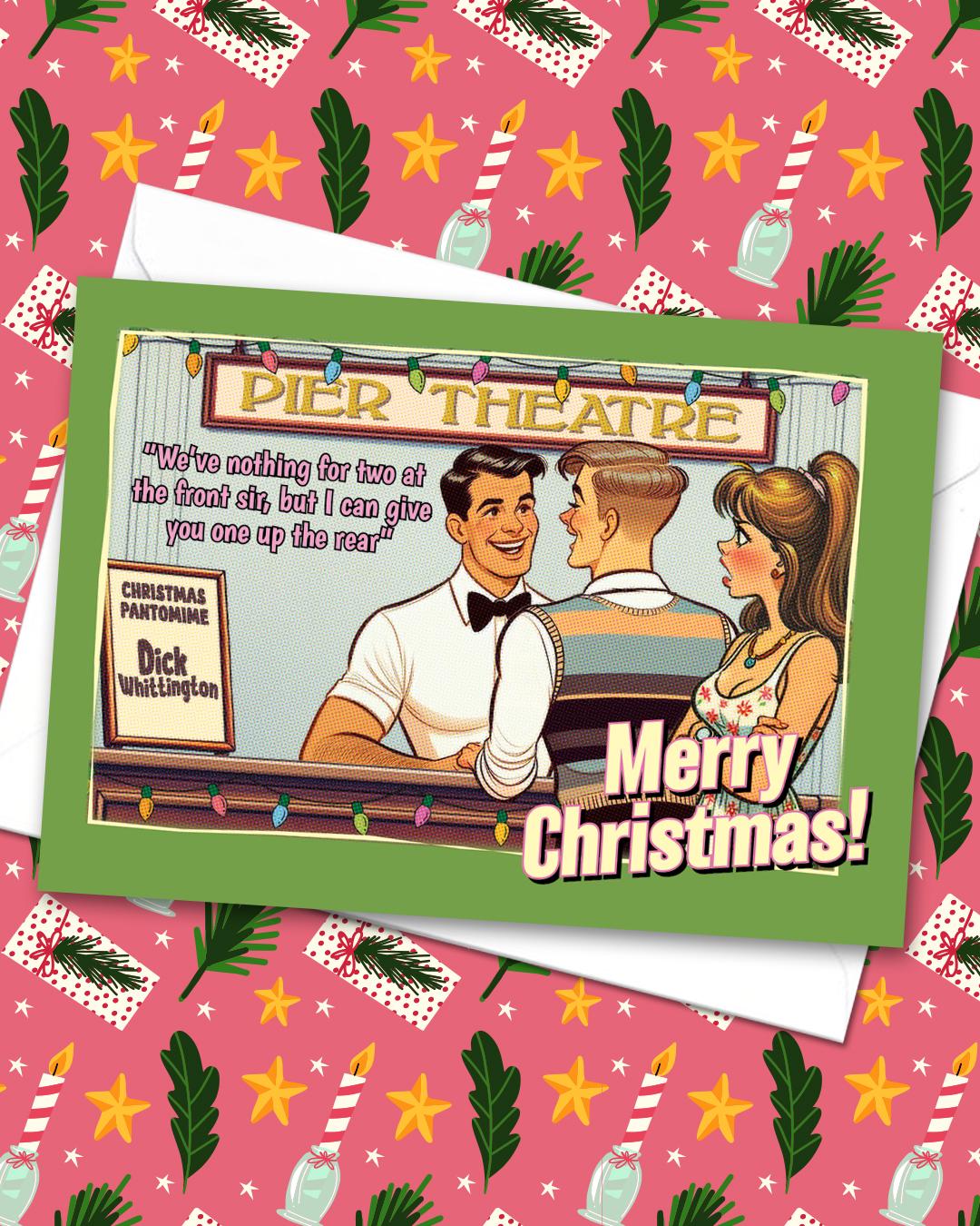 Funny Gay Christmas Card: Up The Rear At The Pantomime