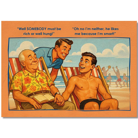 Funny Gay Art Postcard: Rich or Well Hung