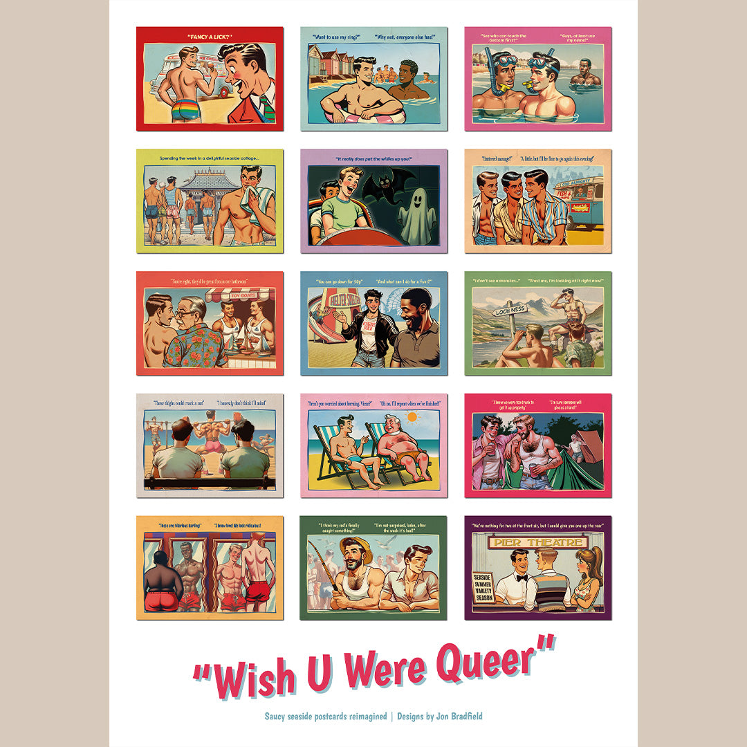 Giclée poster print: "Wish U Were Queer" Saucy Gay Seaside Postcards