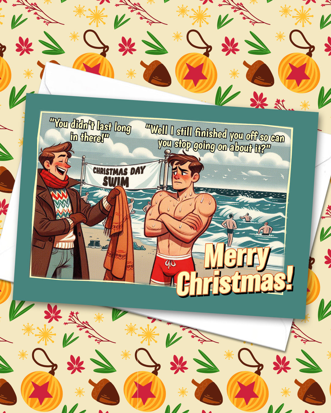 Pack of funny gay Christmas cards: Frosty Swim