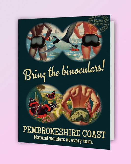 Funny gay greeting card: vintage travel poster - Bring the Binoculars