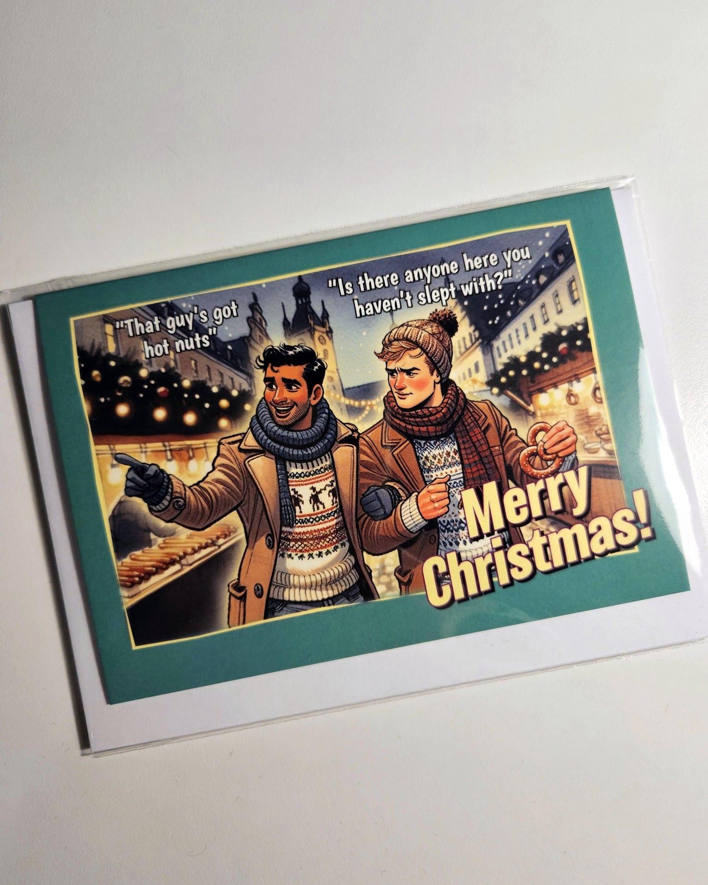 Funny Gay Christmas Card: Hot Nuts at the Christmas Market