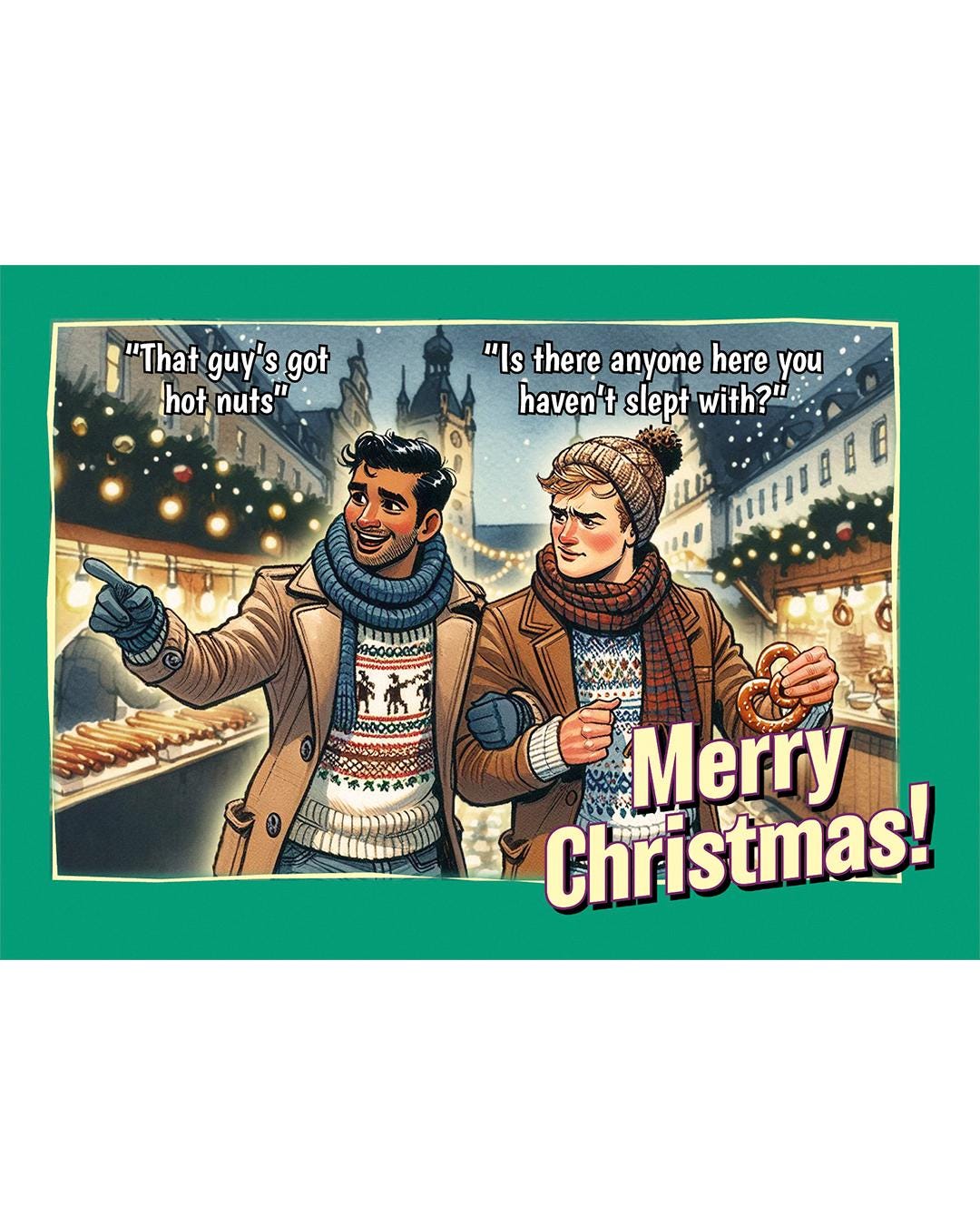 Pack of funny gay Christmas cards: Hot Nuts at the Christmas Market