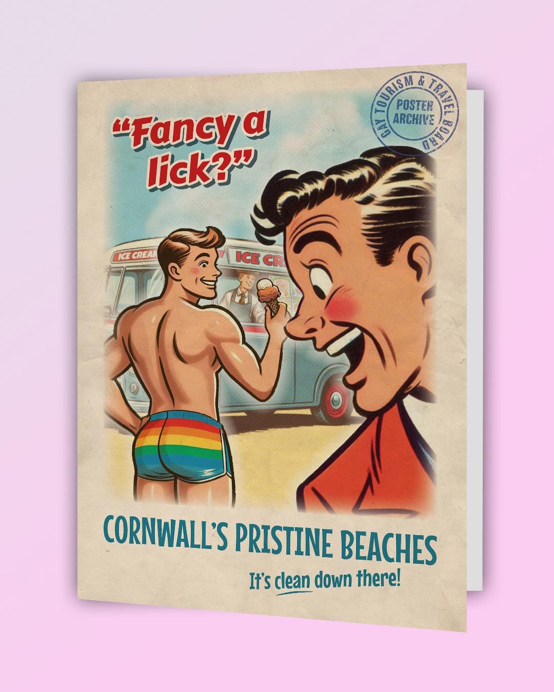 Funny vintage-style gay greeting card: travel poster - Fancy A Lick?