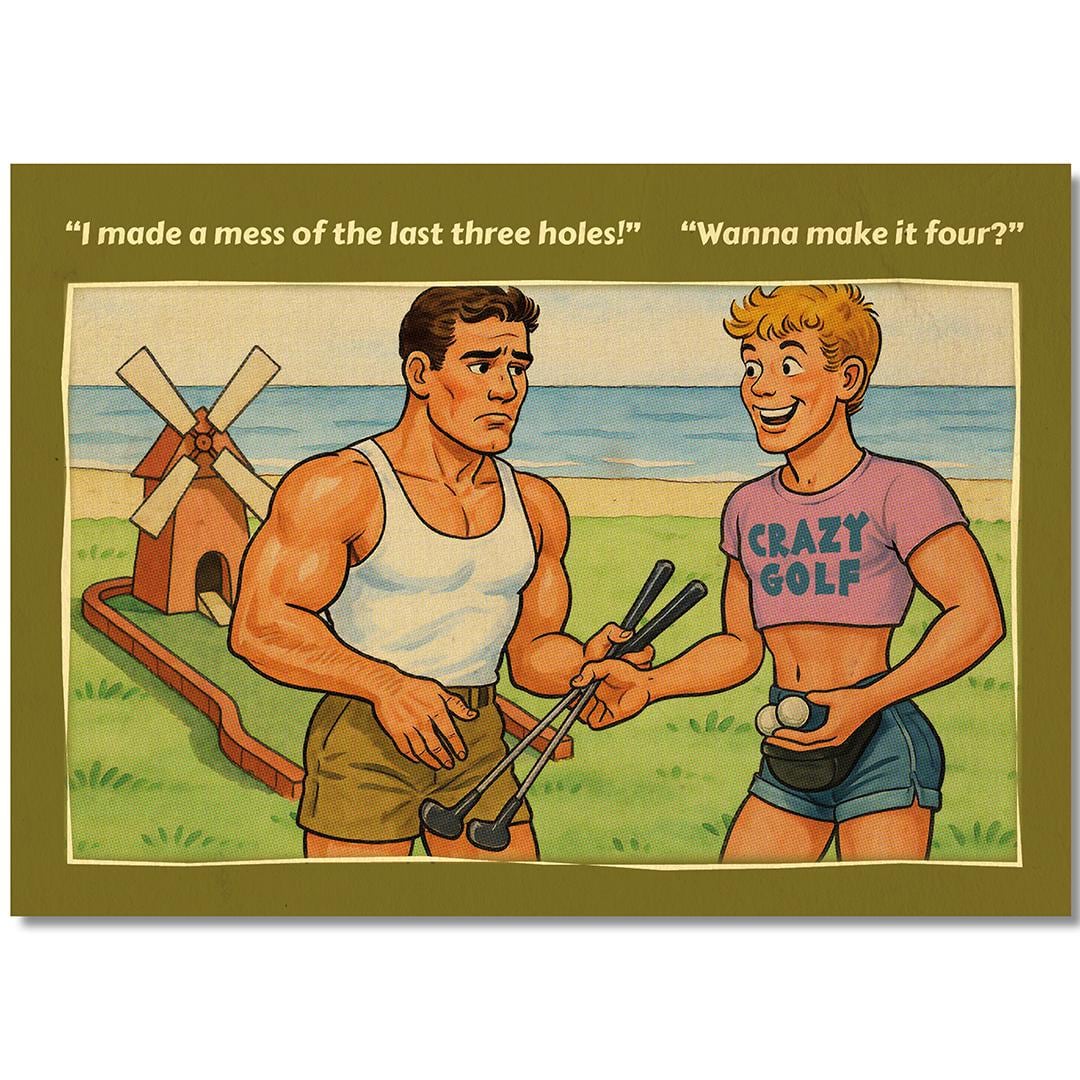 Funny Gay Art Postcard: Crazy Golf