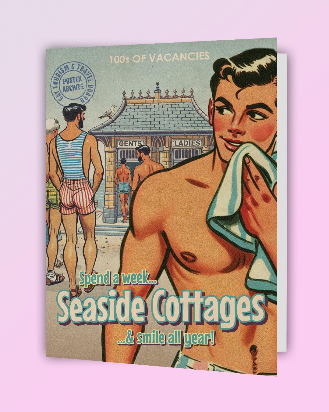 Funny vintage style gay greeting card: travel poster - Seaside Cottage