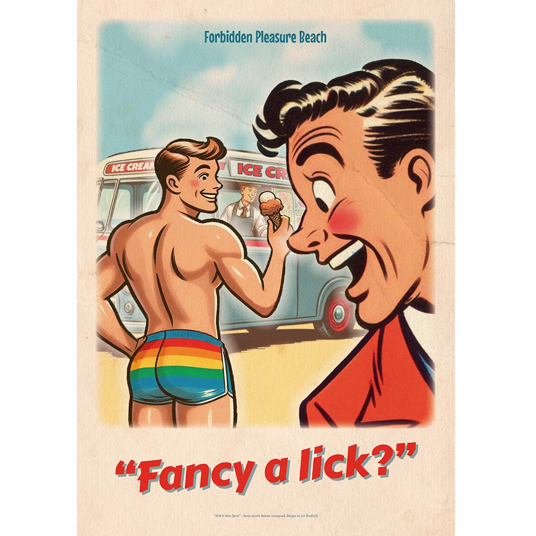Gay vintage-style art poster print: Fancy A Lick?