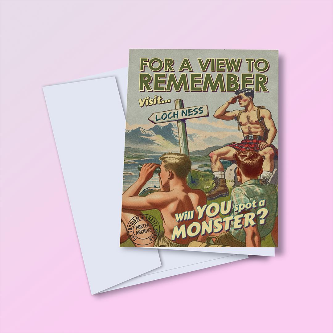 Funny vintage-style gay greeting card: travel poster - Loch Ness Monster