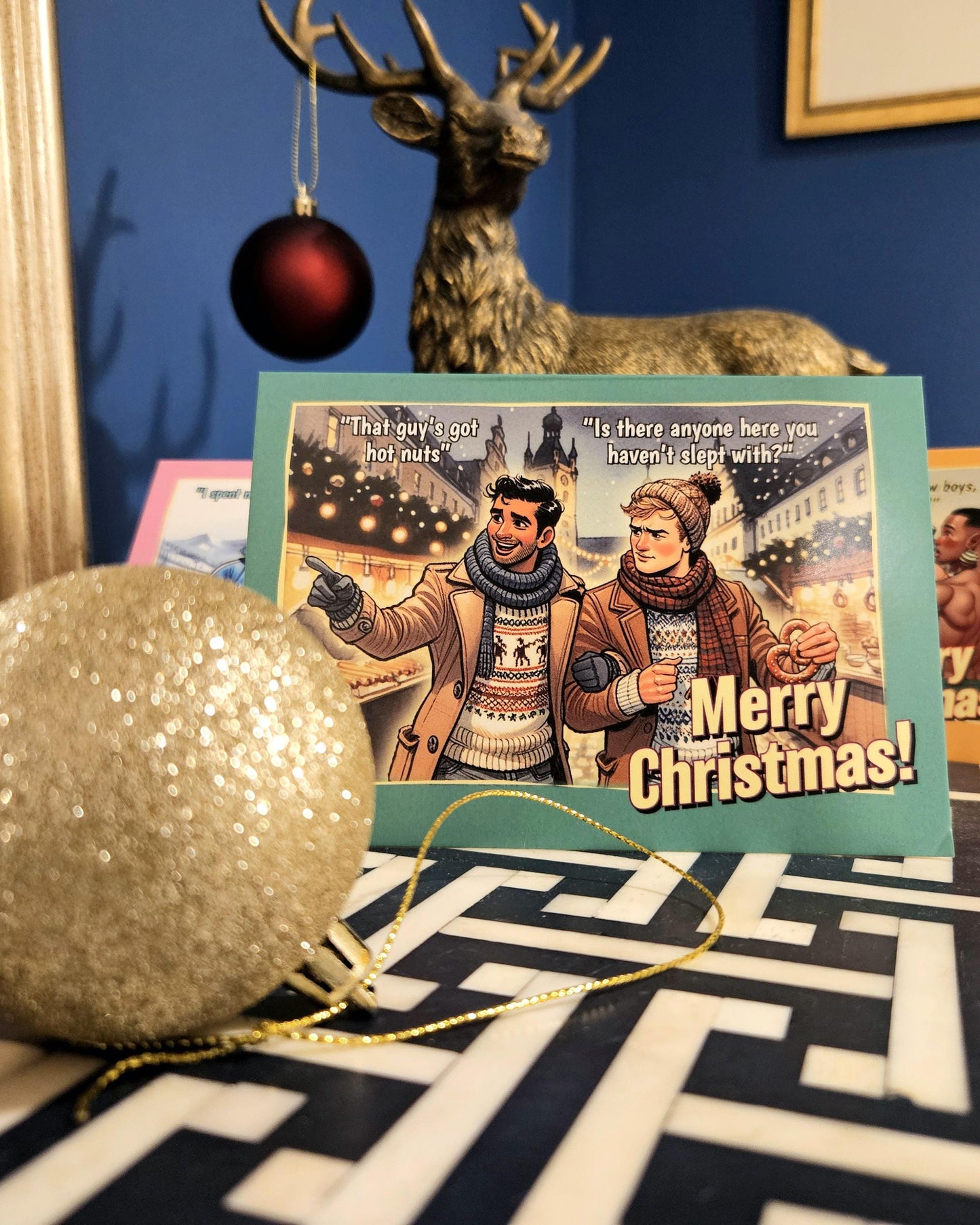 Pack of funny gay Christmas cards: Hot Nuts at the Christmas Market