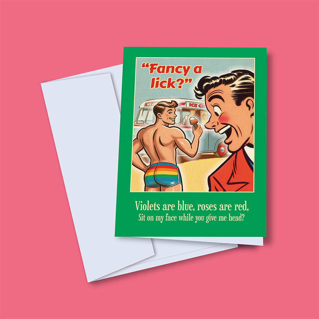 Funny Gay Valentines Card: Fancy a Lick? Green violets