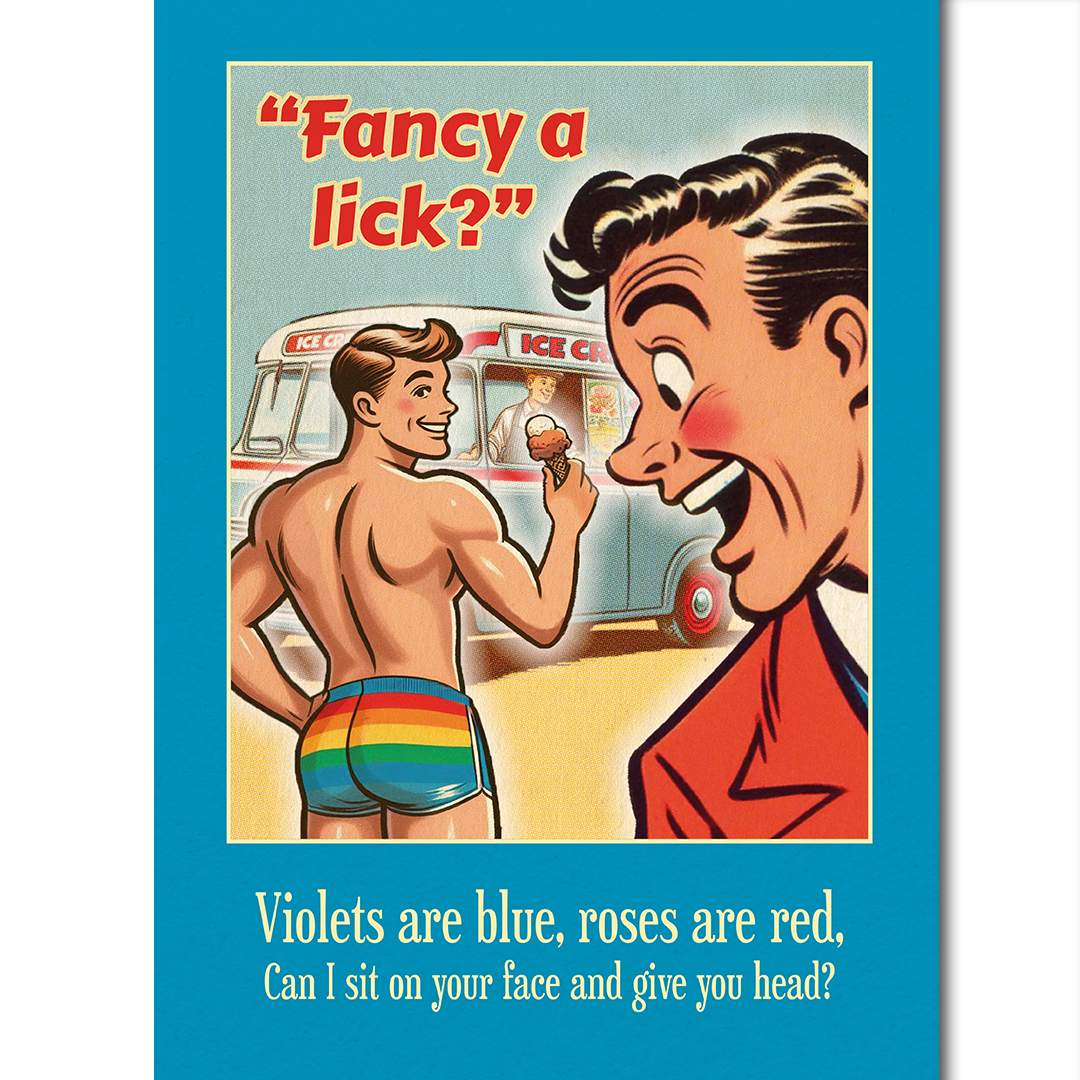 Funny Gay Valentines Card: Fancy a Lick? Blue violets