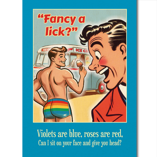 Funny Gay Valentines Card: Fancy a Lick? Blue violets