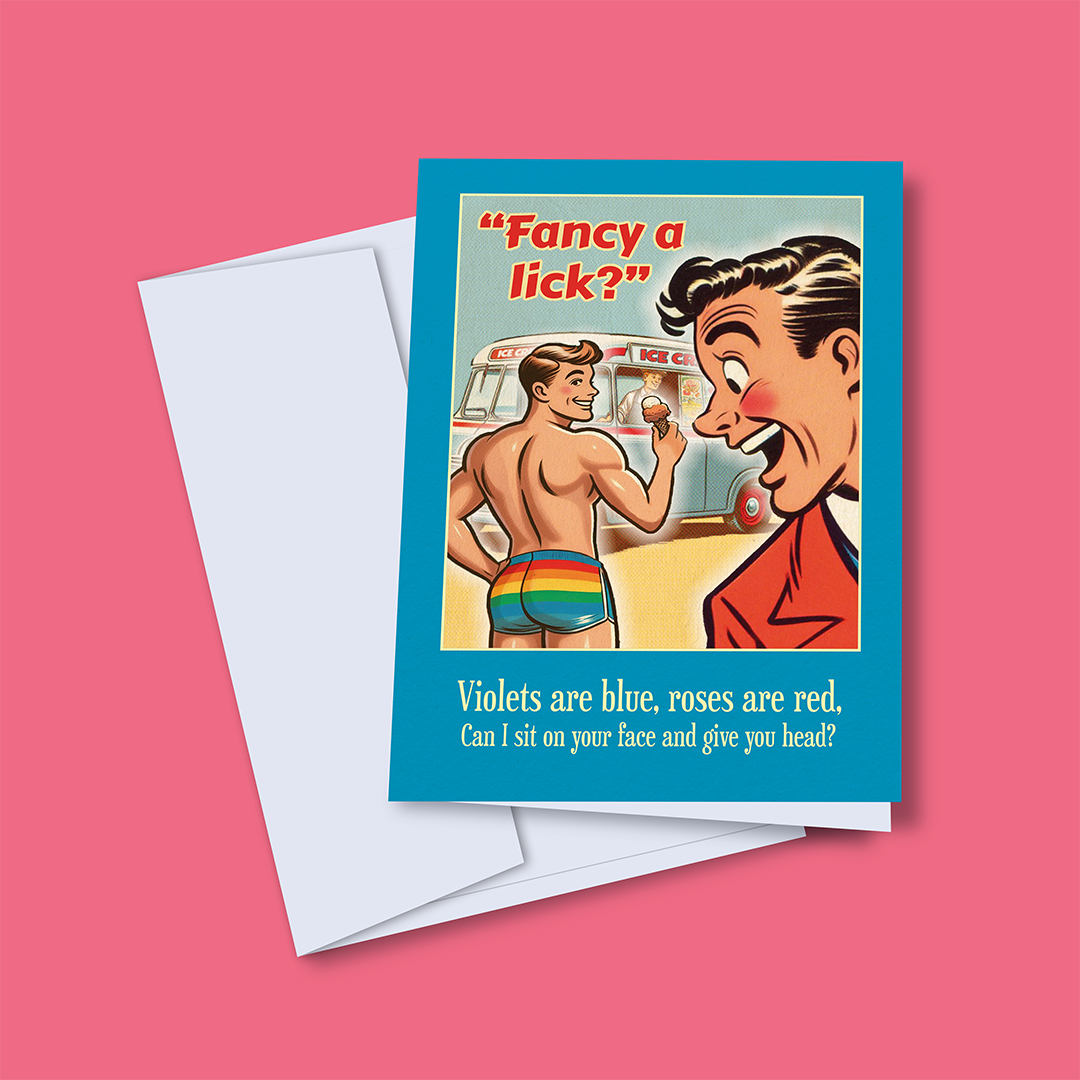 Funny Gay Valentines Card: Fancy a Lick? Blue violets