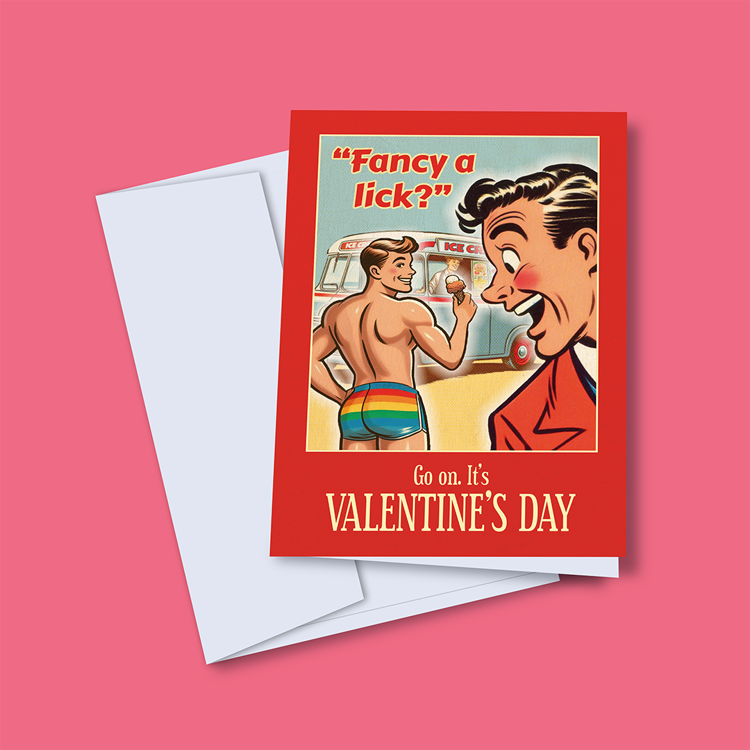 Funny Gay Valentines Card: Fancy a Lick?