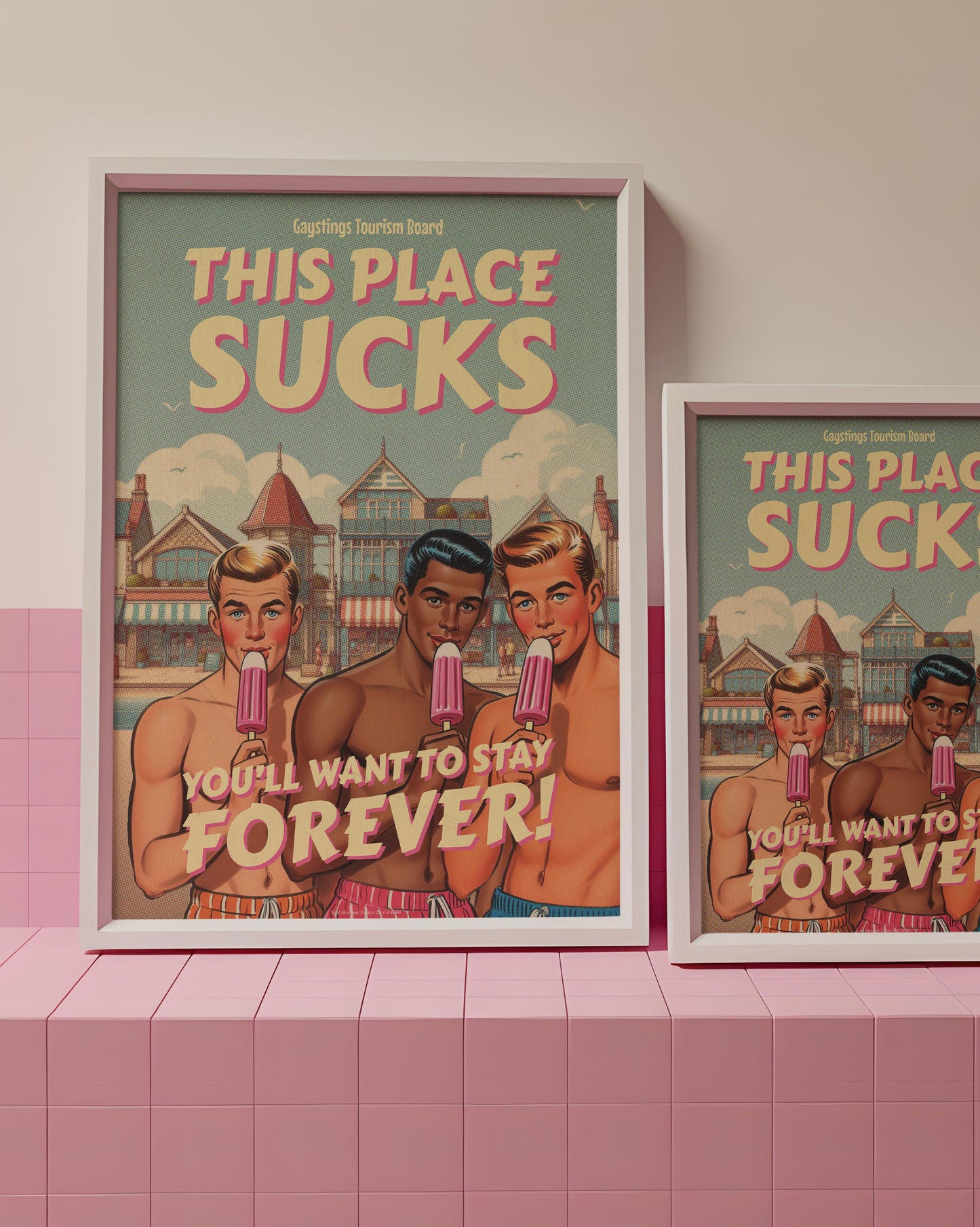 Gay retro travel poster print: This Place Sucks