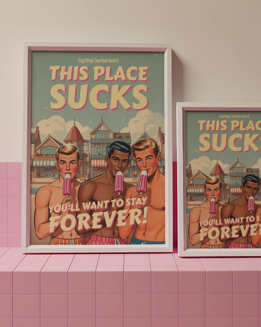 Gay retro travel poster print: This Place Sucks