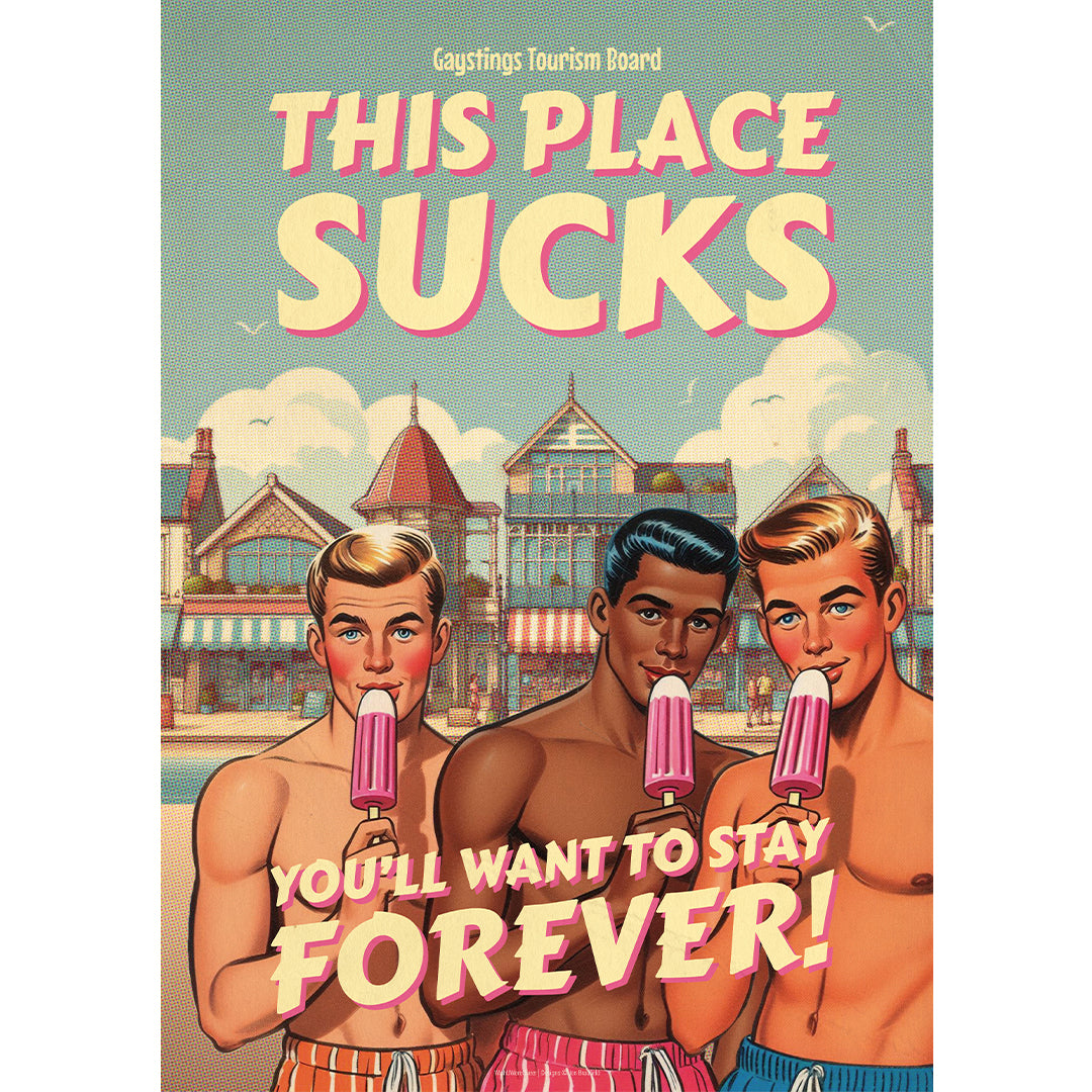 Gay retro travel poster print: This Place Sucks