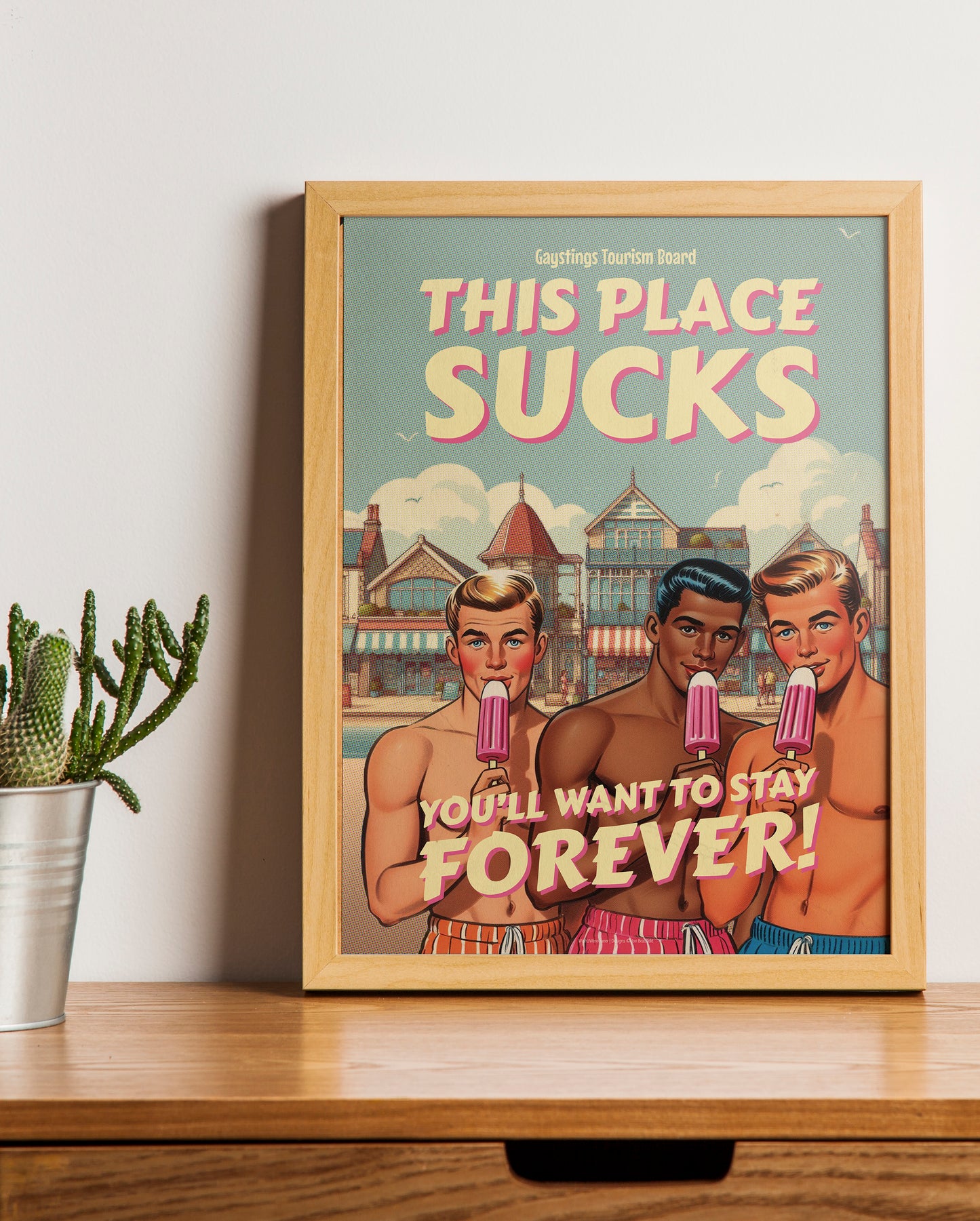 Gay retro travel poster print: This Place Sucks