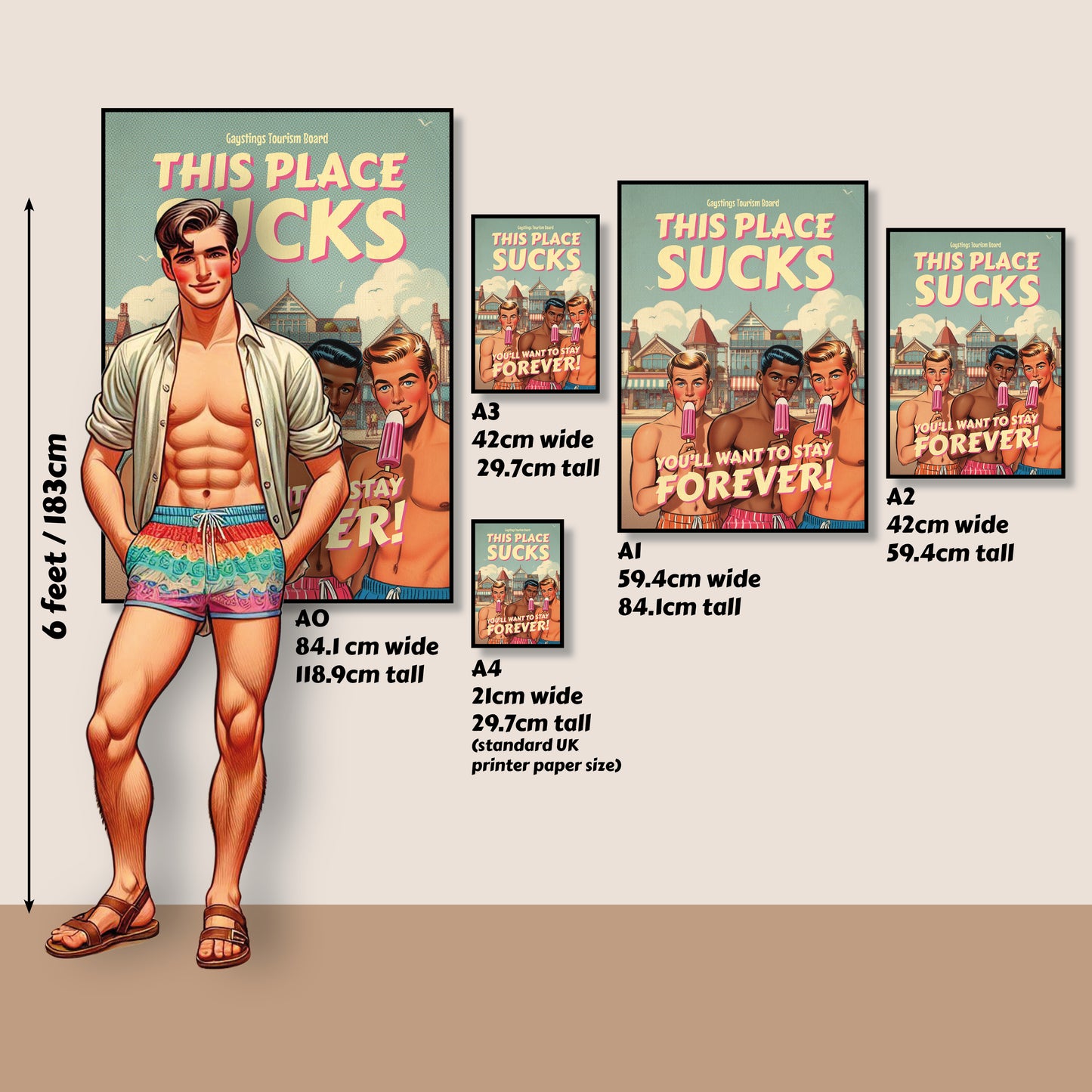 Gay retro travel poster print: This Place Sucks
