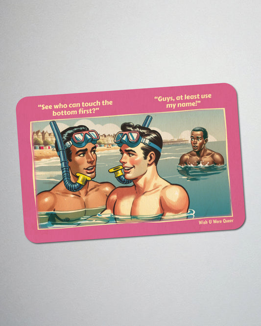 Postcard fridge magnet, retro gay humour: Touch The Bottom