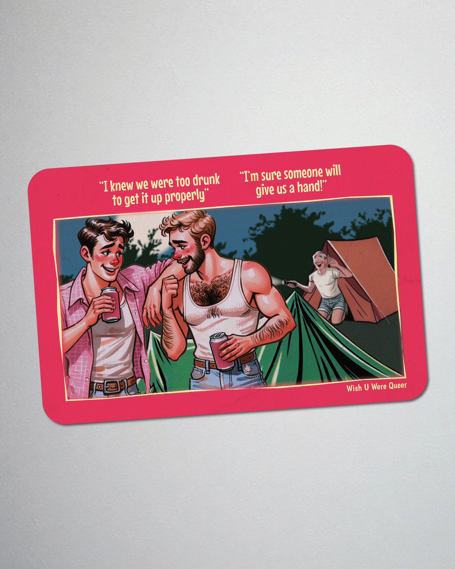 Postcard fridge magnet, retro gay humour: Get It Up