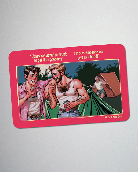 Postcard fridge magnet, retro gay humour: Get It Up