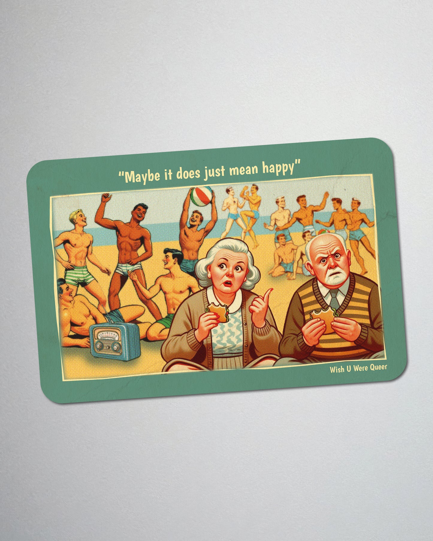 Postcard fridge magnet, retro gay humour: Gay As In Happy
