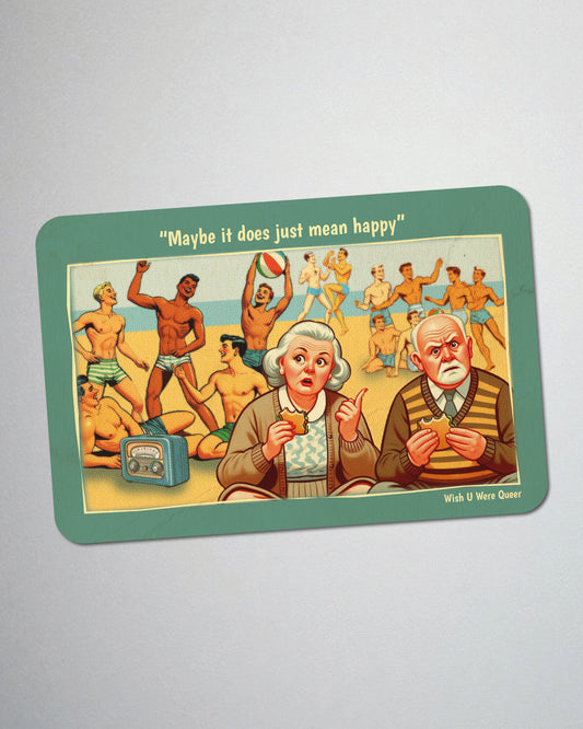 Postcard fridge magnet, retro gay humour: Gay As In Happy