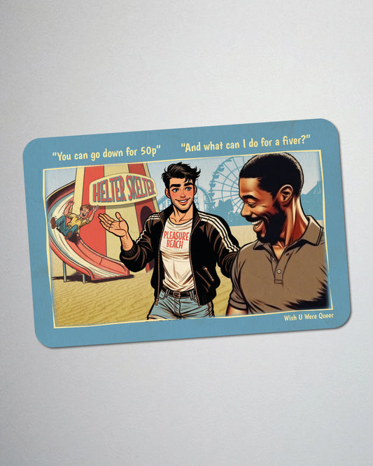 Postcard fridge magnet, retro gay humour: Going Down