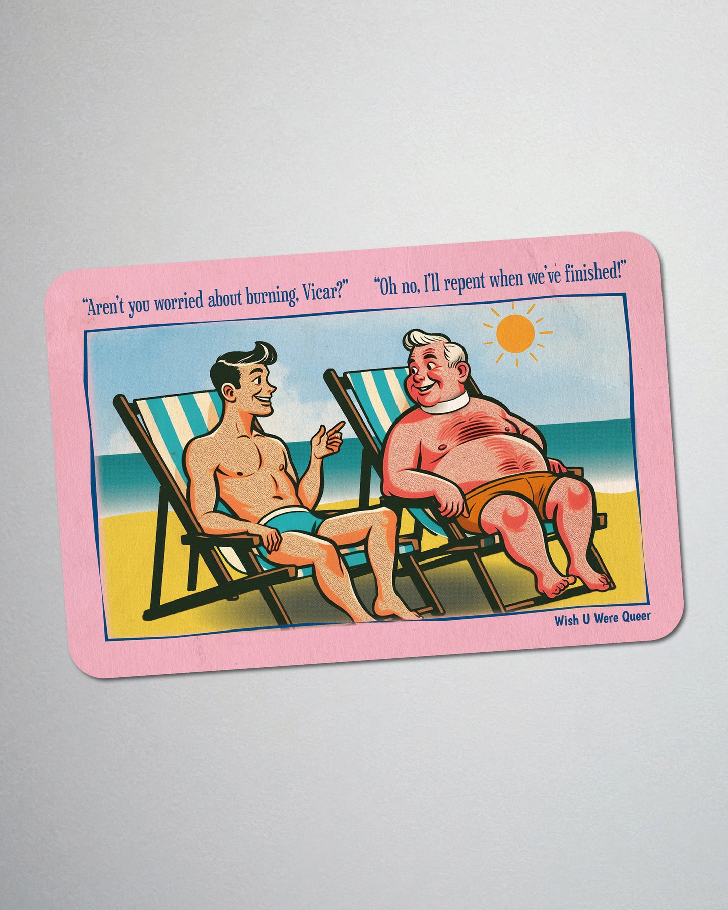 Postcard fridge magnet, retro gay humour: Gay Vicar