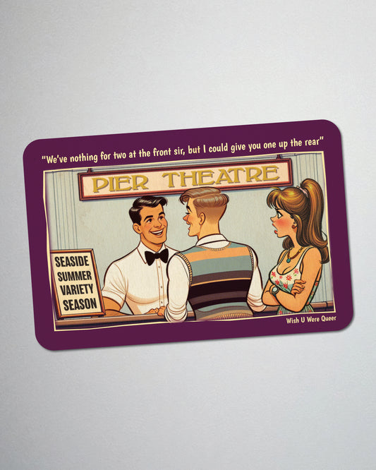 Postcard fridge magnet, retro gay humour: One Up The Rear
