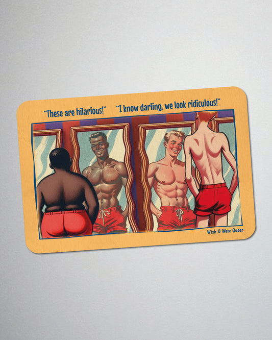 Postcard fridge magnet, retro gay humour: Funny Mirrors