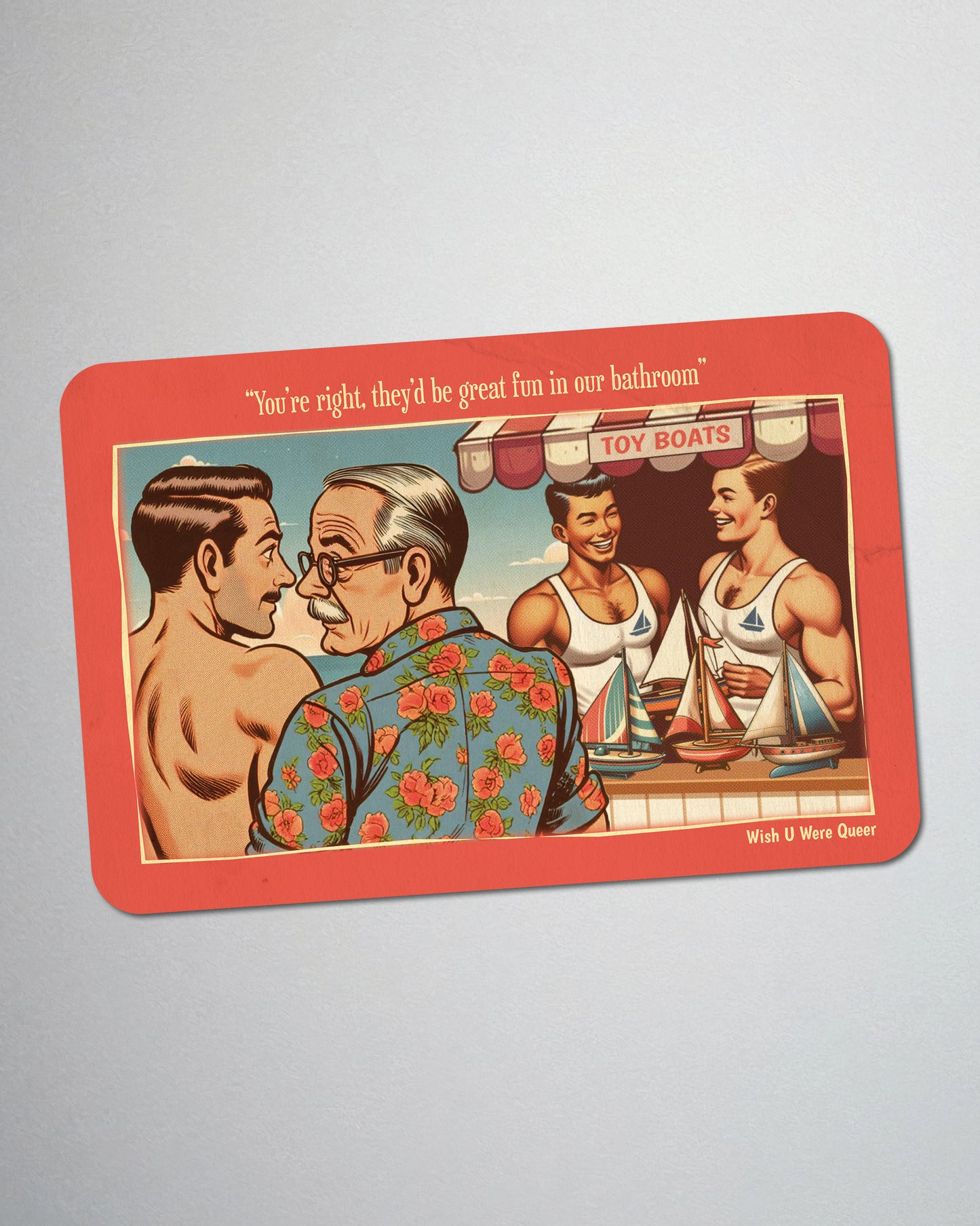 Postcard fridge magnet, retro gay humour: Bathroom Fun