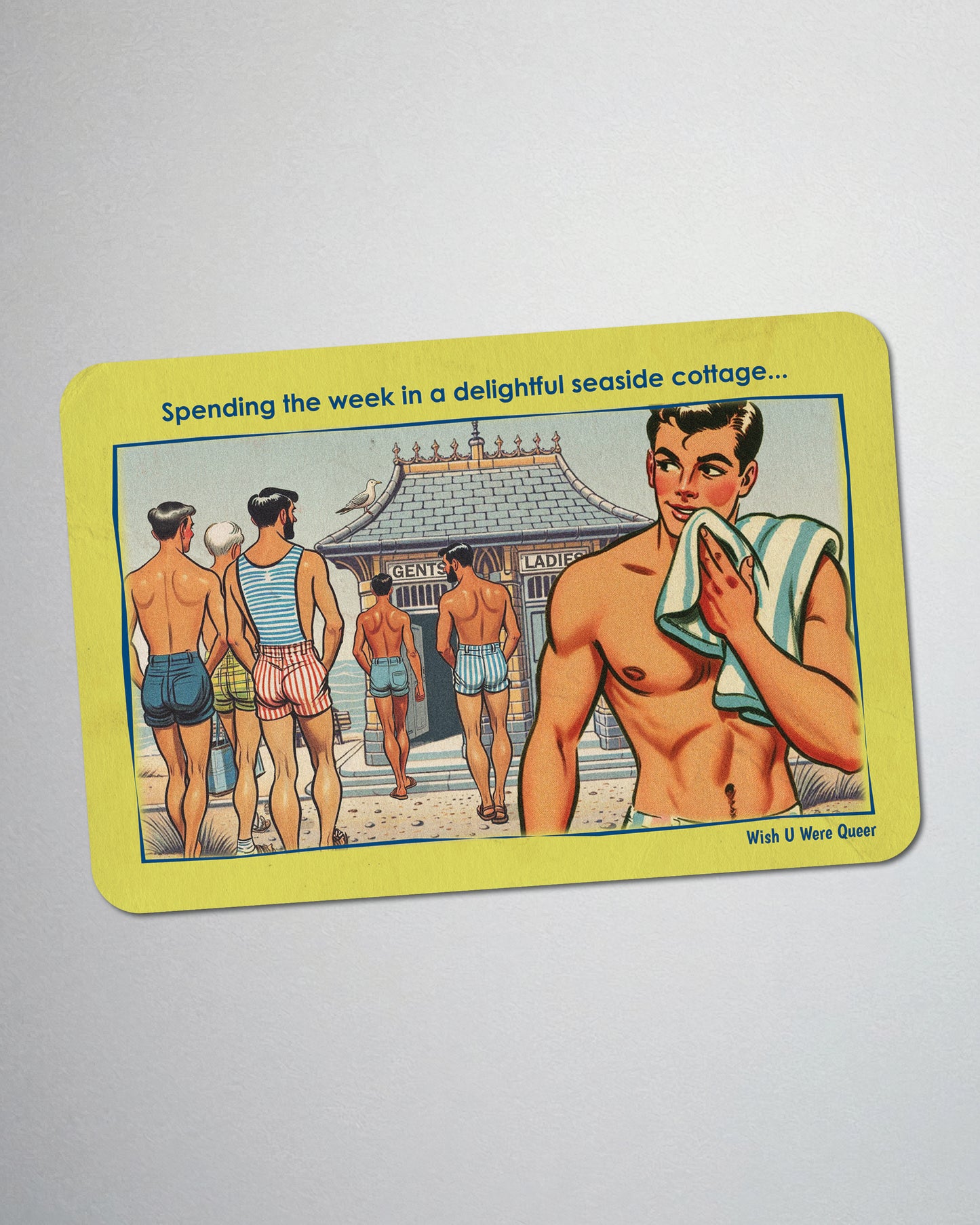 Postcard fridge magnet, retro gay humour: Cottage