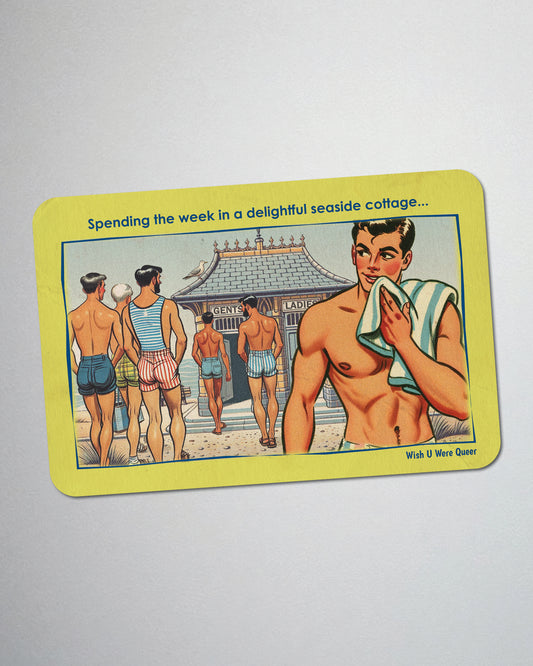Postcard fridge magnet, retro gay humour: Cottage