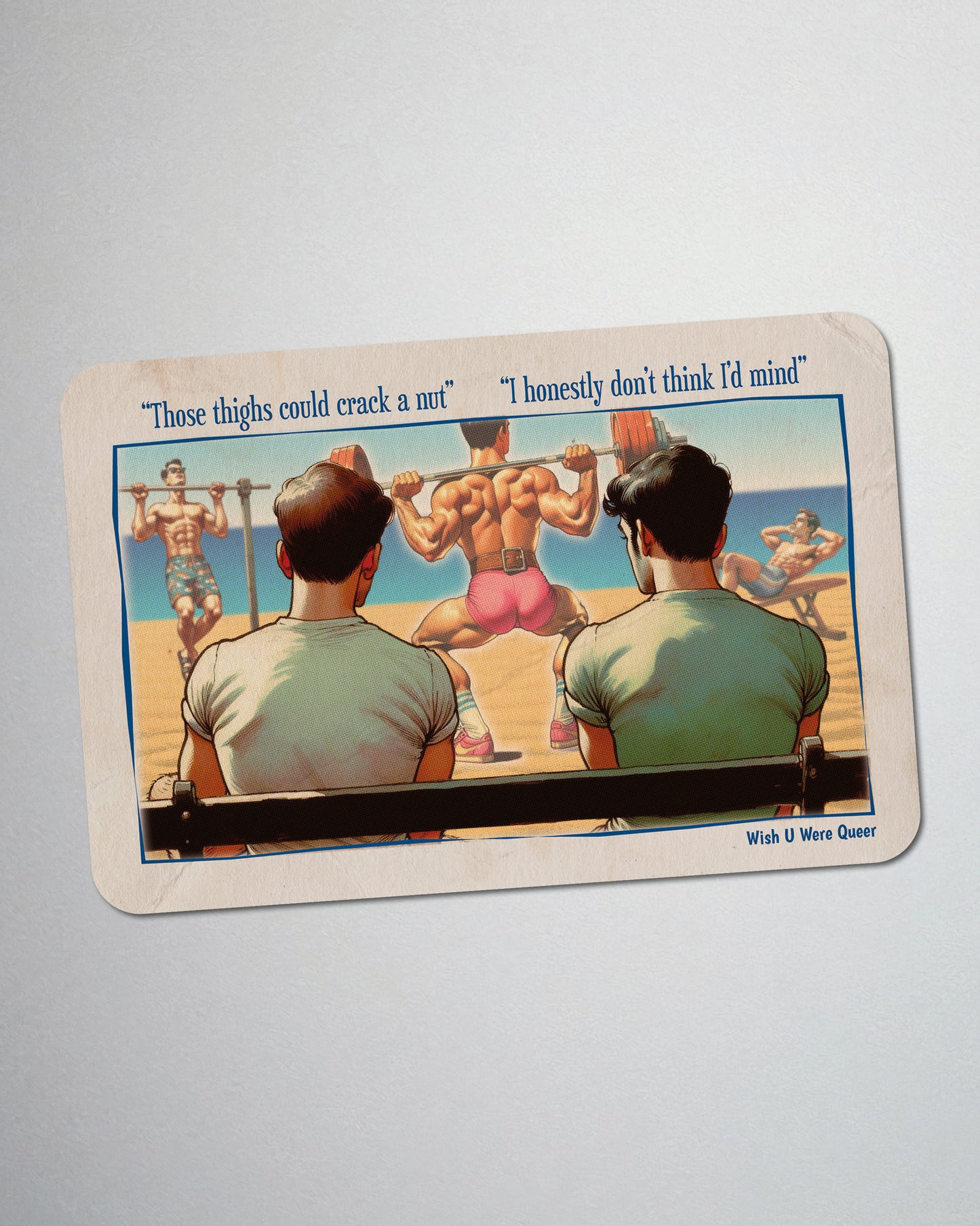 Postcard fridge magnet, retro gay humour: Crack A Nut