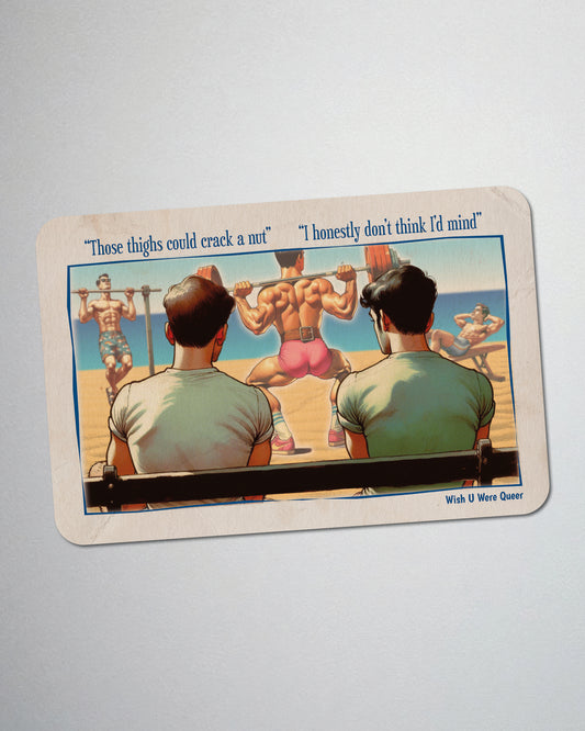 Postcard fridge magnet, retro gay humour: Crack A Nut