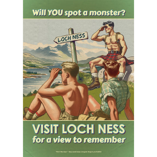 Gay retro naughty travel poster print: Loch Ness Monster