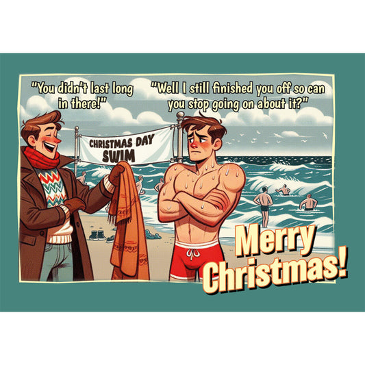 Pack of funny gay Christmas cards: Frosty Swim