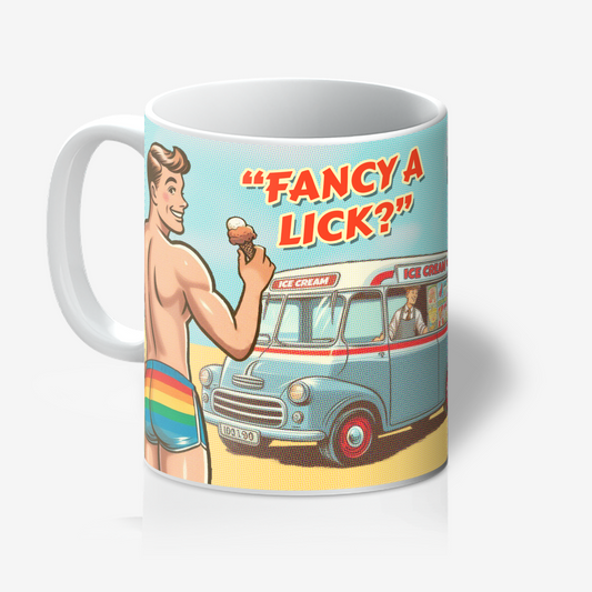 Funny gay ceramic mug inspired by saucy seaside postcard cartoon humour: Fancy A Lick?