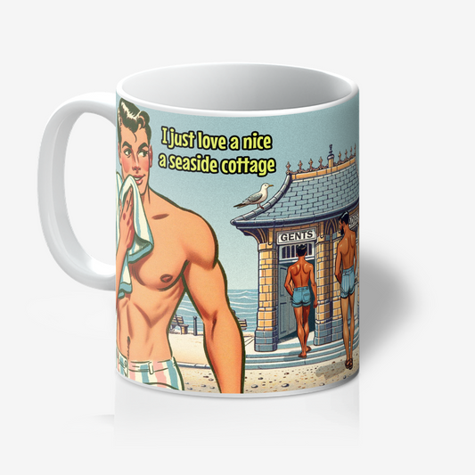 Funny gay ceramic mug inspired by saucy seaside postcard cartoon humour: Seaside Cottage