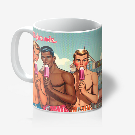 Funny gay ceramic mug inspired by saucy seaside postcard cartoon humour: This Place Sucks
